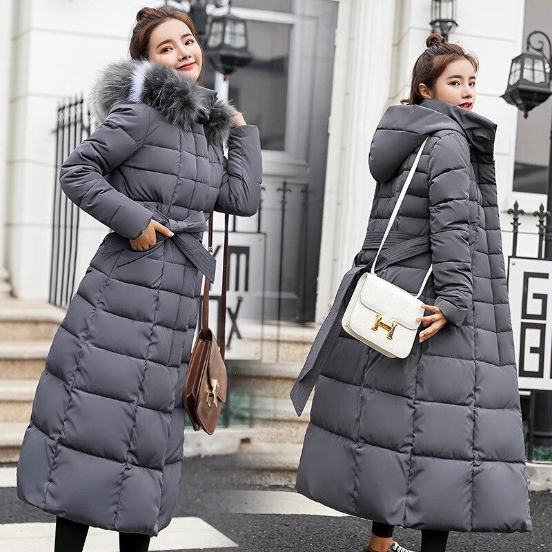 Winter jacket women's warm fashion bow belt fox fur collar coat long dress women's thick coat Gray