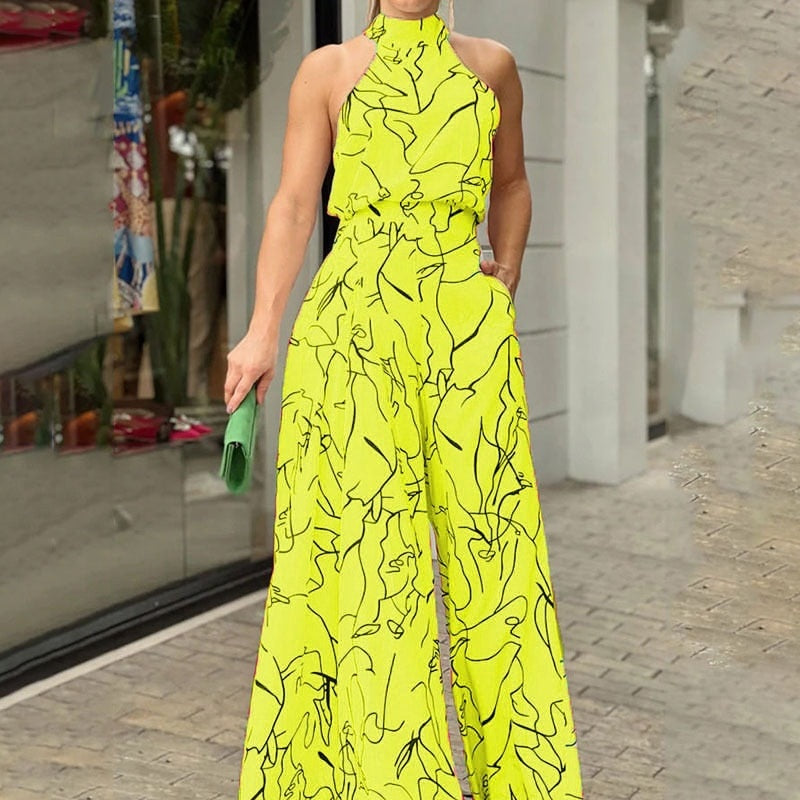 Elegant Women Sleeveless Jumpsuits Sexy Halterneck Long Rompers Wide Leg Pants Fashion Printed Bodysuit Jumpsuit Lady Outfit