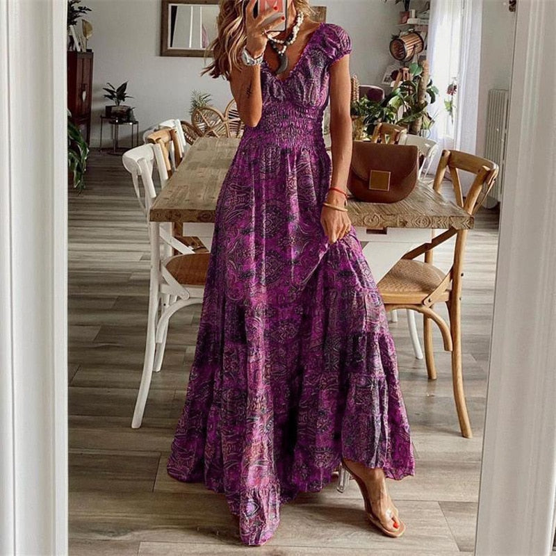 Women Vintage Print Maxi Dresses Summer Casual V Neck Short Sleeve Elastic Waist Dress Female Boho Beach Big Swing Long Dresses