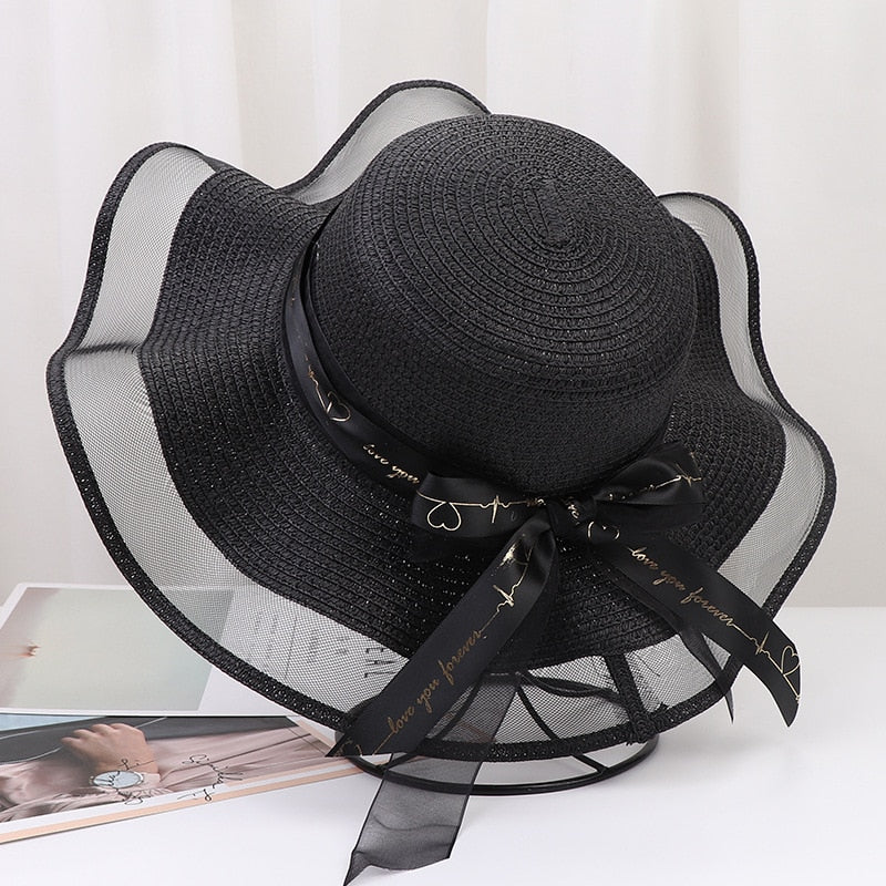 Korean Style Woman Straw Hat Bow Ribbon Large Brim Sunshade Ins Outing Fashion Beach Holiday ladies sun Hat Black 57 cm