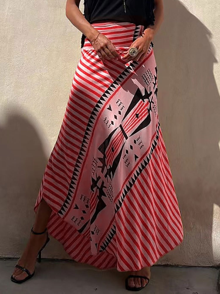 Boho Retro Patchwork Print Skirt Women Summer High Waist A-Line Elastic Long Skirts Casual Holiday Beach Skirt