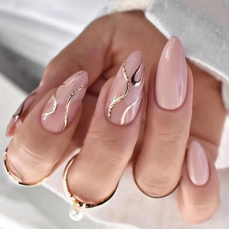 Long Stiletto False Nails Black Edge French Gold Thread Black Rhinestones Design Wearable Fake Nails Press On Nails Manicure Tip 4