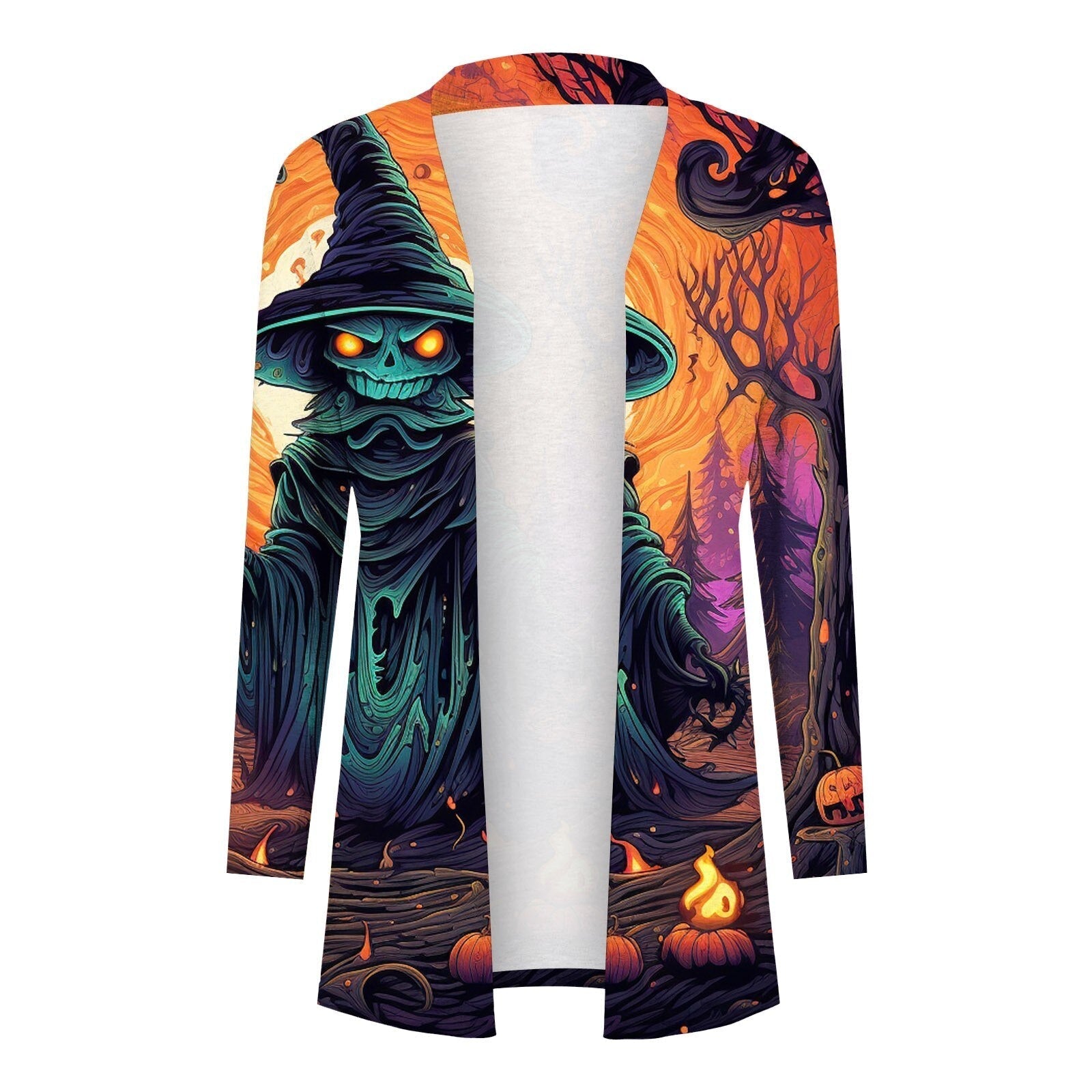 Halloween Print Women's Cardigans Witch Spider Web Fun Graphic Open Front Coat Cardigan With Pockets Fall Casual Coat Jackets