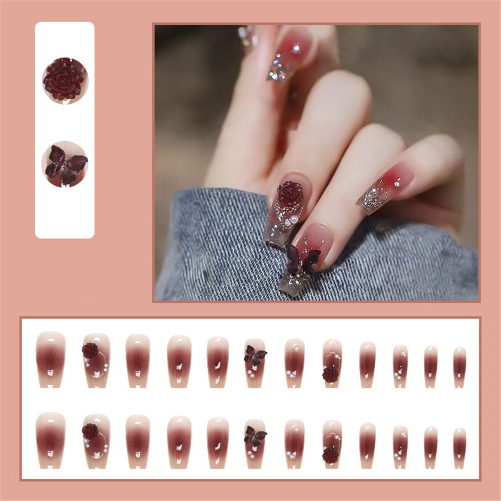 Trendy Crystal 3D Butterfly False Nail Tips Elegant Camellia Ballerina Manicure French Coffin Fake Nails Set Press on Nails Default Title