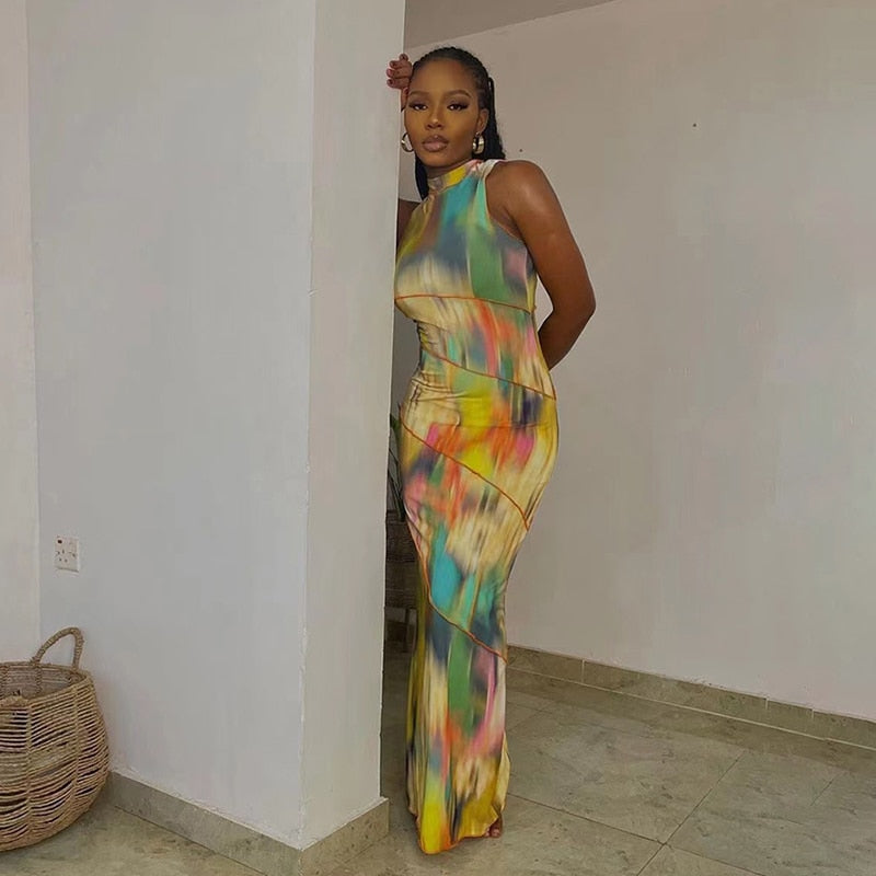 Women Halter Aesthetic Colorful Tie Dry Maxi Dress Hipster Striped Patchwork sleeveless Straight Robe Female Streetwear