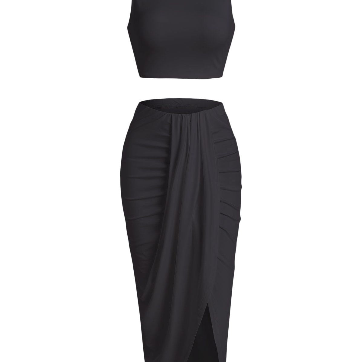 Women’s 2 Pieces Dress Set Sexy Sleeveless Crop Tank Side Slit Twist Skirt Bodycon Maxi Dresses Summer Black