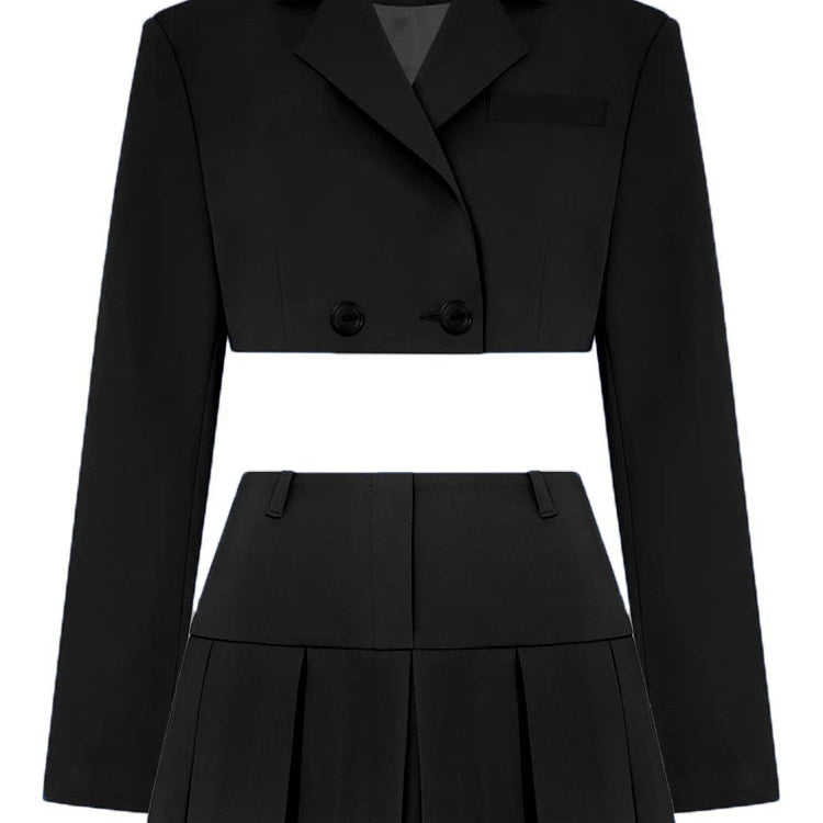 Fall Women Blazer Suit Two Piece Sets Turn-down Collar Blazers Tops And Pleated Skirts Femme High Street Y2K Outfits Black Suit