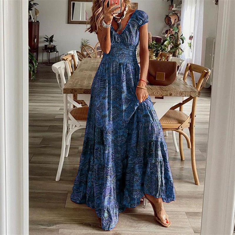 Women Vintage Print Maxi Dresses Summer Casual V Neck Short Sleeve Elastic Waist Dress Female Boho Beach Big Swing Long Dresses
