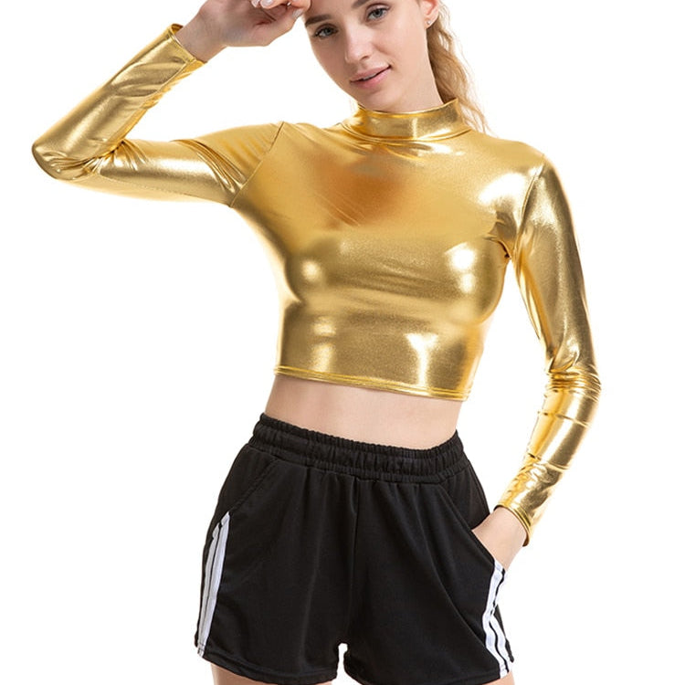 PU Short Top Women Shiny Leather Top High Street Turtleneck Dance Clubwear Long Sleeve Tops Gold Silver Costumes T shirt S989 Gold