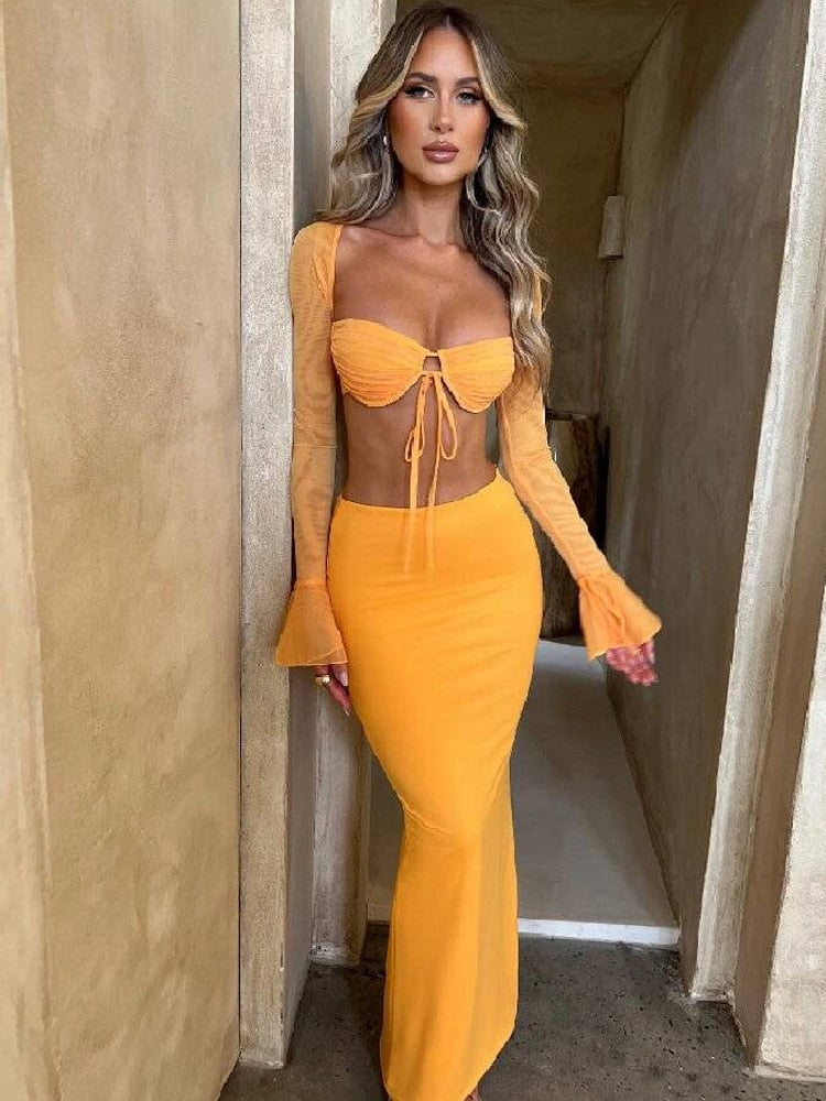 Townlike Yellow Backless Sexy Two Piece Set Lace Up Top Hollow Out Long Skirt Women Set Elegant Party 2 Piece Set Women Set Yellow