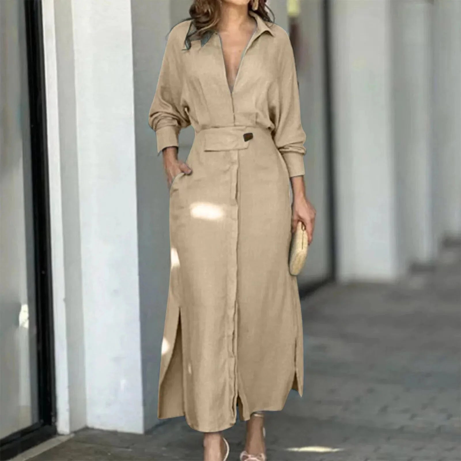 Fashion Dress for Women Luxury Elegant Solid Color Evening Dresses Party Slip Pockets Chic Promotion Long Sleeve Clothes Beige