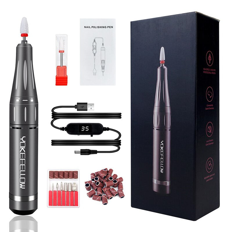 Professional Nail Drill Machine Kit 35000RPM Rechargeable Portable Electric Nail File for Manicure Acrylic Gel Nails USB Grey