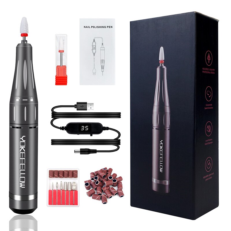 Professional Nail Drill Machine Kit 35000RPM Rechargeable Portable Electric Nail File for Manicure Acrylic Gel Nails USB Grey