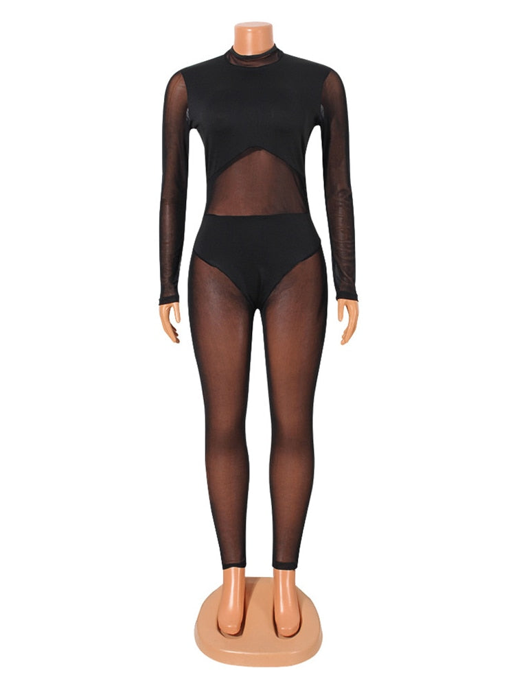 Sexy Jumpsuit Women Transparent Black Jumpsuits Elastic Mesh Bodysuits Summer See Through One Piece Night Club Outfit