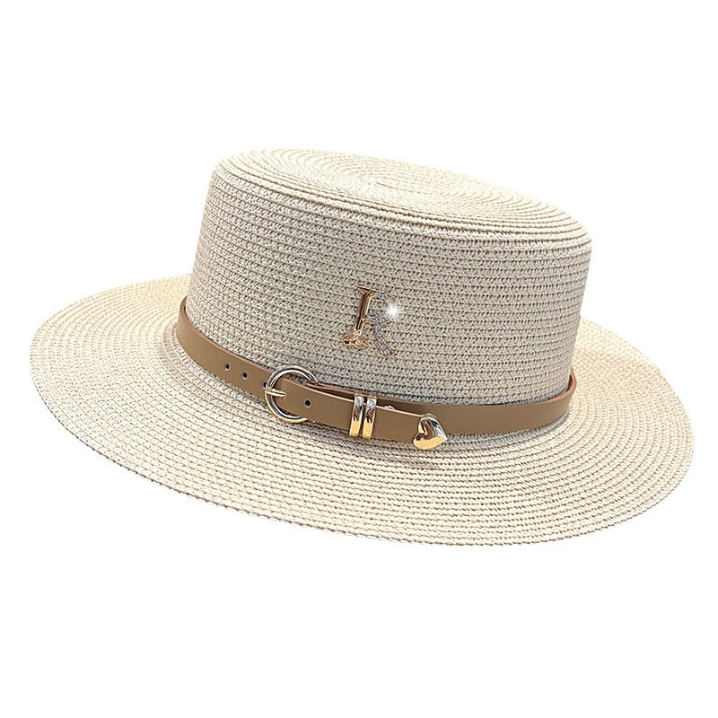 2023 New Metal R Letter Buckle Straw Hat Leisure Summer Sunscreen Hat Women's Fashionable Beach Hat Vintage Hat Church Hats