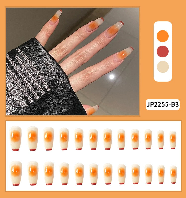 Sea Wave Carp Japanese Style Doodle False Nails Detachable Nude Pink Long Coffin Fake Nails with Glue Full Cover Press on Nails