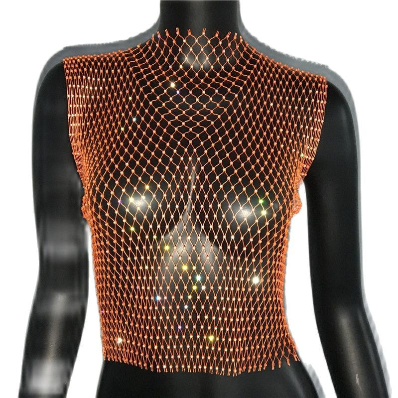 Women's Fishnet Rhinestone Crop Top 2023 Summer Sexy Mesh High Elastic Black White Shirt Net See Through Rave Diamond Tank Top Orange O neck