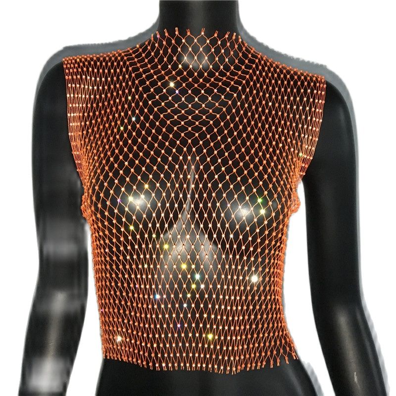 Women's Fishnet Rhinestone Crop Top 2023 Summer Sexy Mesh High Elastic Black White Shirt Net See Through Rave Diamond Tank Top Orange O neck
