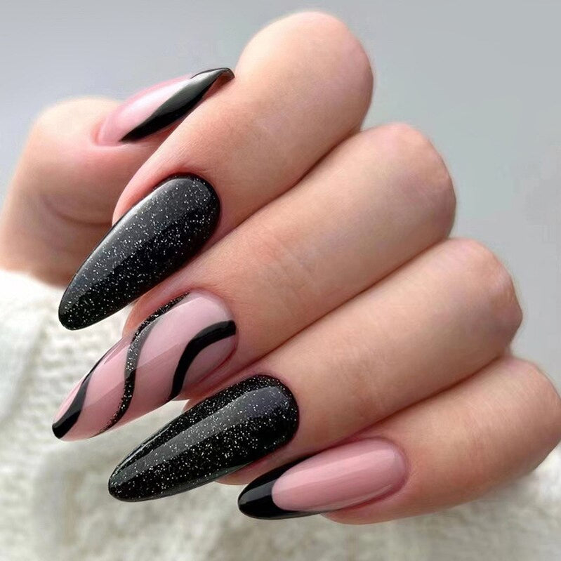 24pcs/set Long Stiletto Fake Nails Punk Snake Pattern Black White Matte False Nails Artificial Full Nail Tips Manicure Tools 2023-6