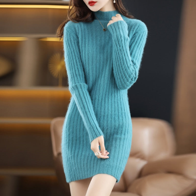 Autumn and Winter Long Women's Sweater 100% Mink Cashmere High Neck Knitted Pullover Korean Fashion Soft Women's Top