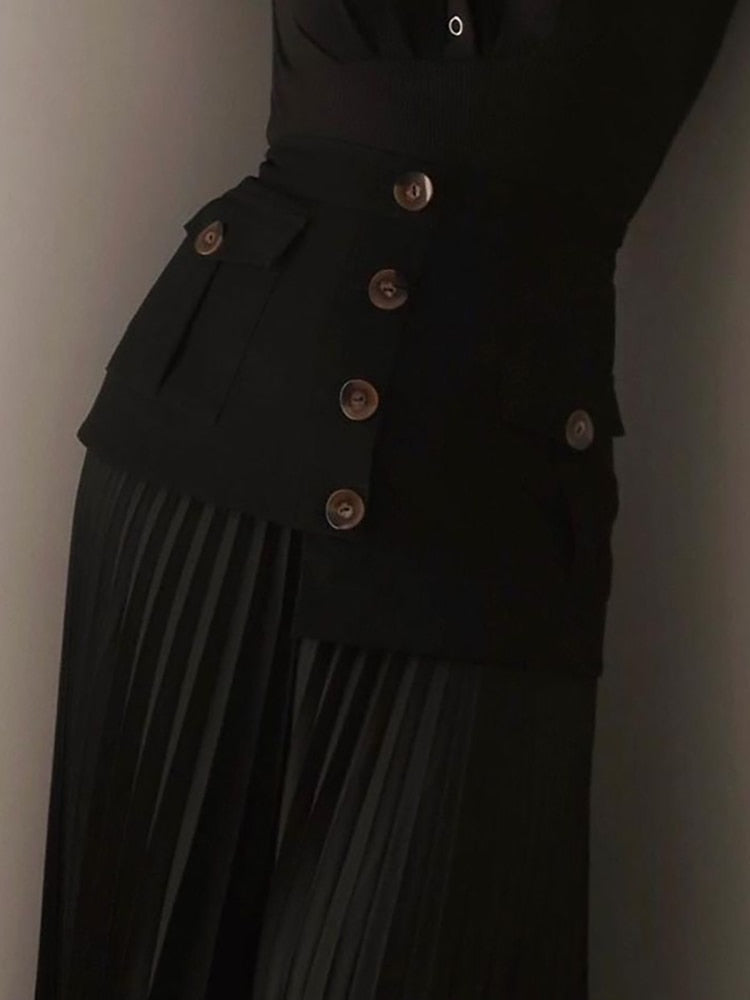Fashion Women's Skirt High Waist Spliced Single Breasted Pleated Irregular Solid Color Long Skirts Spring 2023 New 17A6142