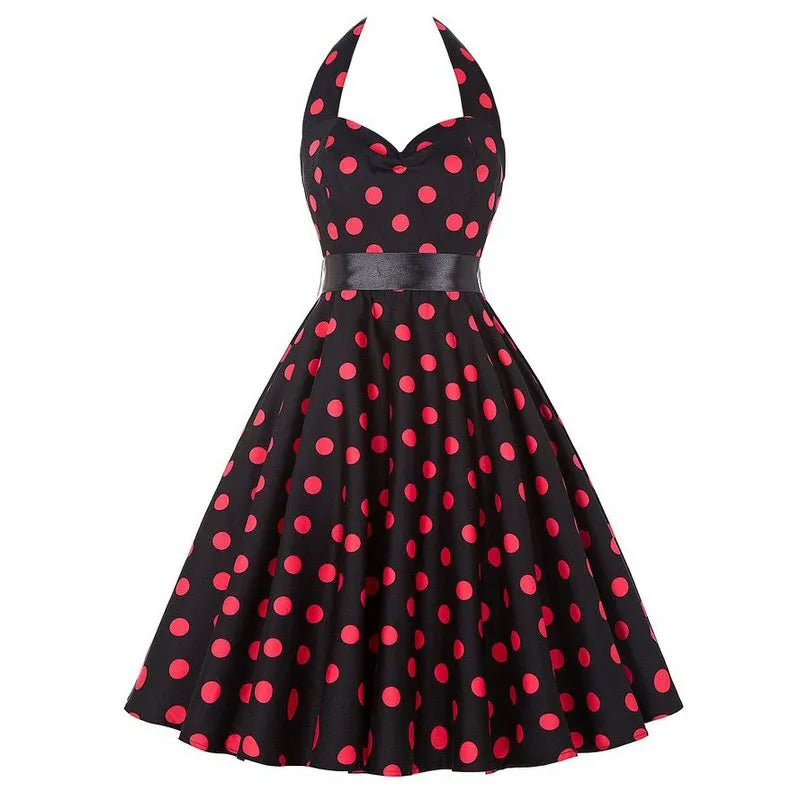 Polka Dot Dress Women Vintage Swing Halter Belt 50s 60s Rockabilly Prom Party Dresses Retro Feminino Vestidos 564