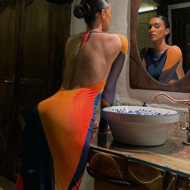 Sexy Backless Maxi Dress Fashion Print Long Sleeve Bodycon Party Dress Beach Outfits New Summer Evening Club Dress