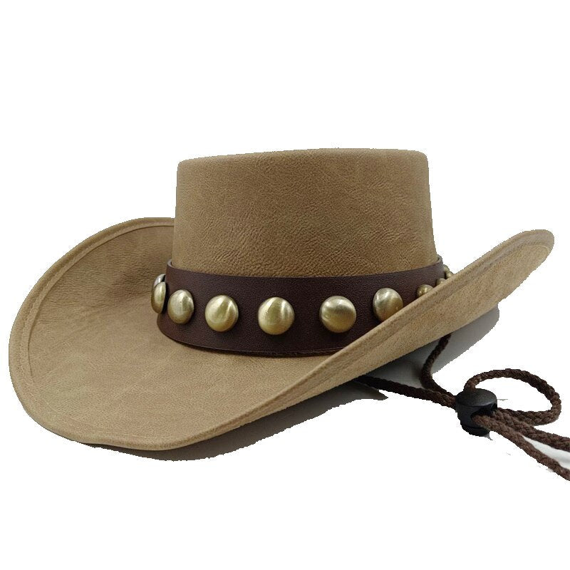 Retro Unisex Vintage Wide Brim Leather Cowboy Cowgirl Western Hat With Tassel Braid Leather Band Size 58-59CM