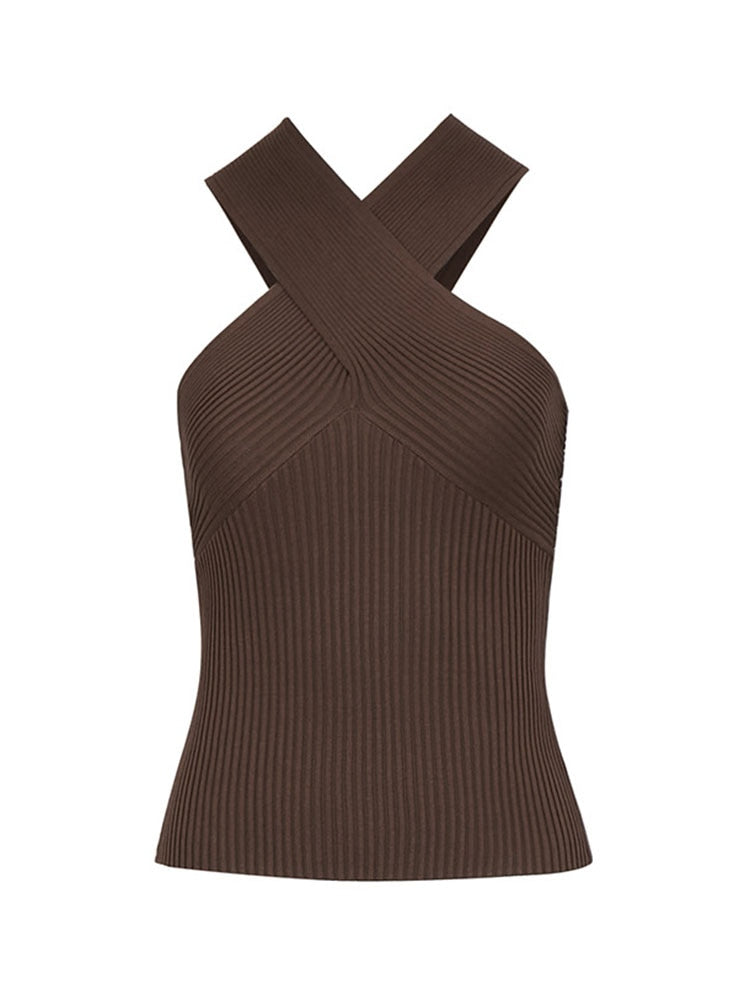 Fashion Women Summer Solid Vest Sleeveless Shirt Muje Knitted Tops Casual Blouses Y2K Crop Cami Top coffee