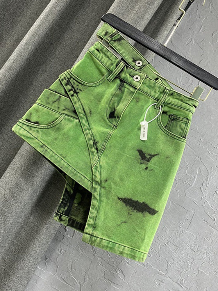 Fashion Women's Personalized Double Waist Design Green A-line Denim Skirt Asymmetric Hot Girl Short Skirts 2023