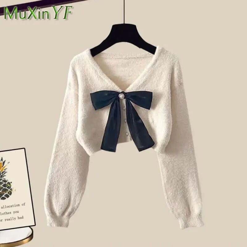 Spring Autumn in Matching Sets Women's Fashion Slim Bow Sweater+High Waist Skirt Two-piece Set Korean Chic Dress Suit