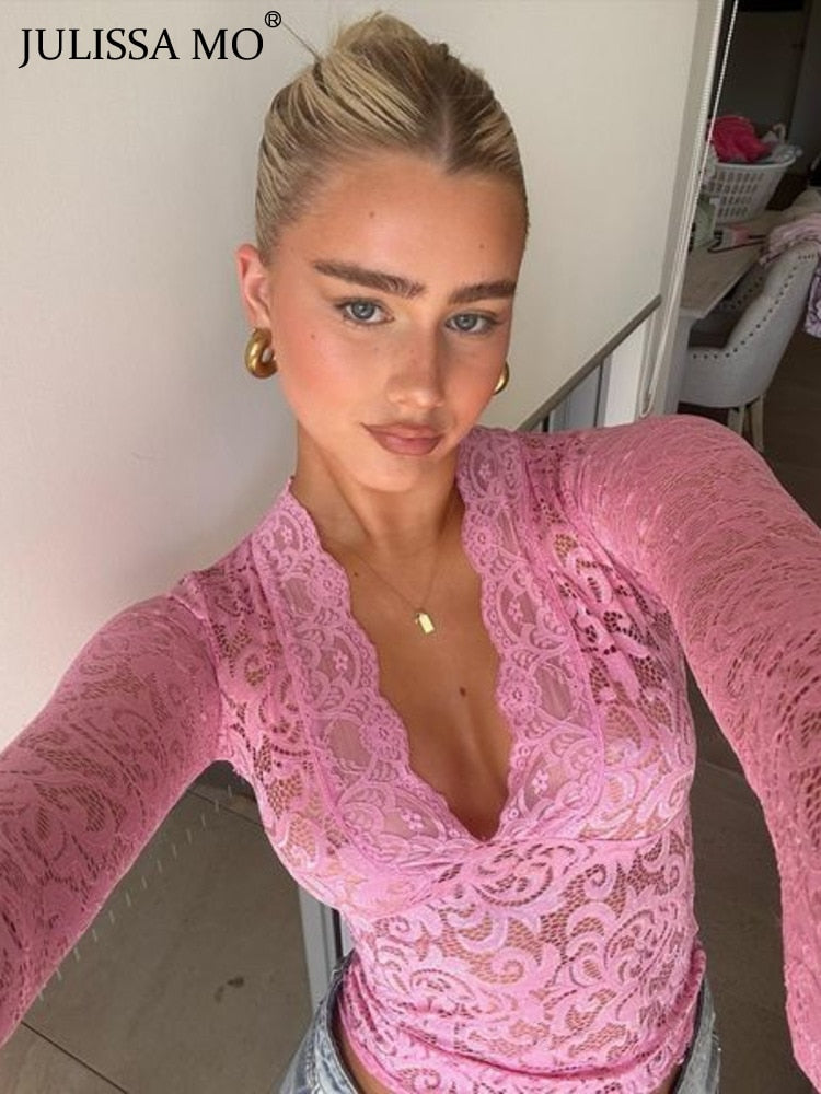 JULISSA MO See Through V-neck Long Sleeve Lace Skinny Tops Outfits Women 2023 Summer Party Club T-Shirts Tees Club Party Clothes