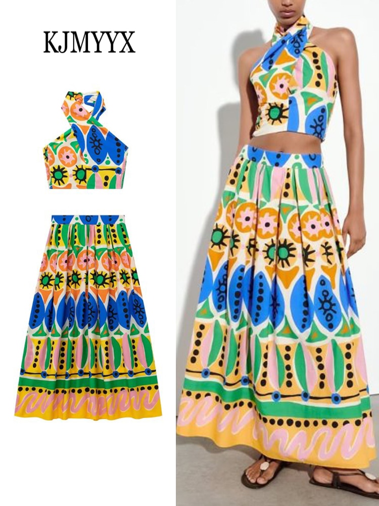 KJMYYX 2023 Fashion Summer Print Skirt Sets For Women Female Causal Halter Sleeveless Camisole Tops A-Line Mid-Calf Skirt