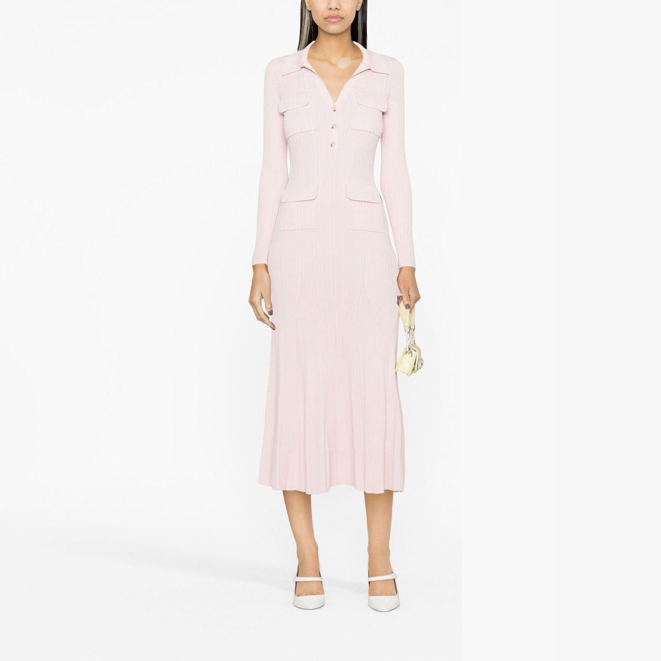 Women's pink knitted medium-length dress senior sense of fashion temperament polo collar waist-skimming long dress