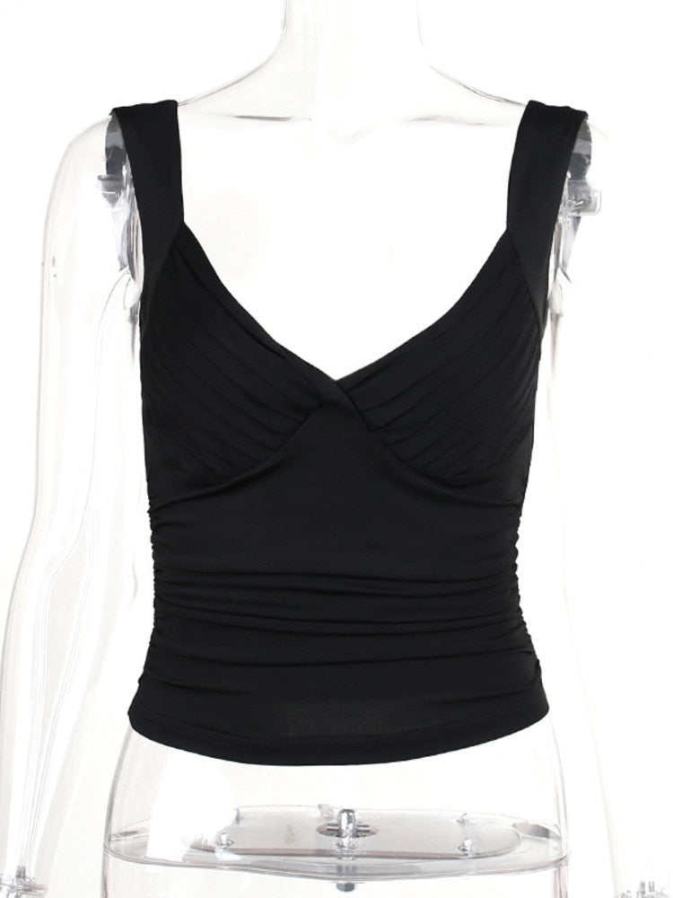 Mozision Stretch Pleated Cups Pretty Sexy Tops Women V Neck Sleeveless Backless Tank Tops Female Skinny Sexy Party Crop Tops Black