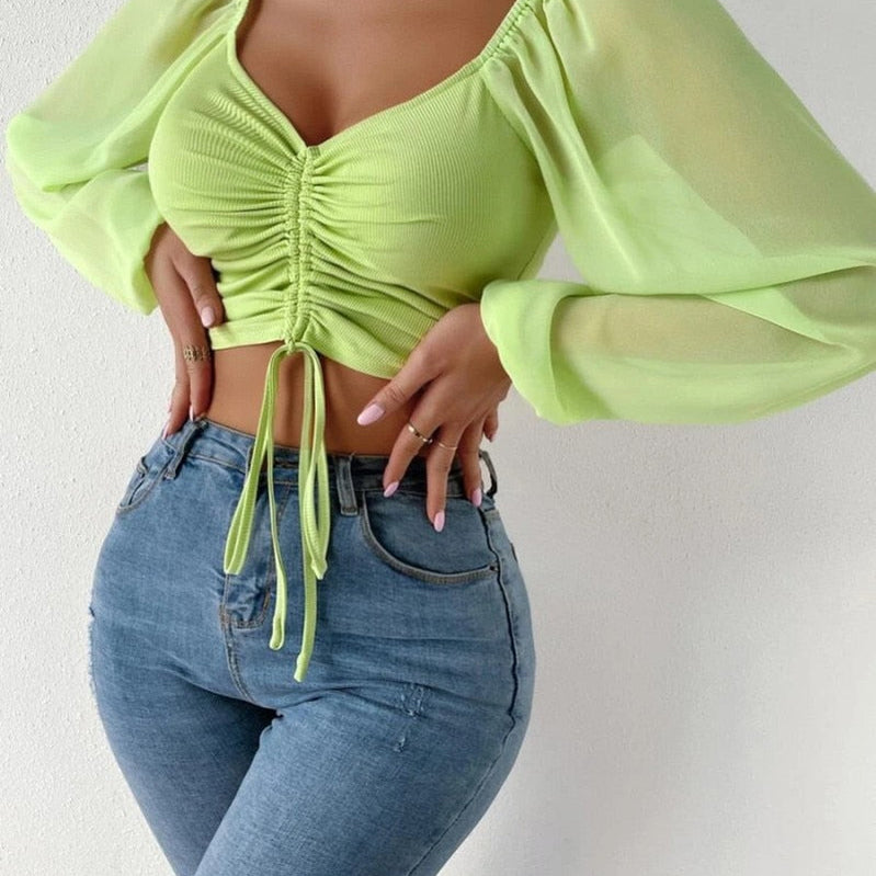 Sexy V-neck Women Blouses Drawstring Long Sleeve Crop Tops Ladies Fashion Summer Short Shirt Woman Clothes Blusas Camisas Mujer