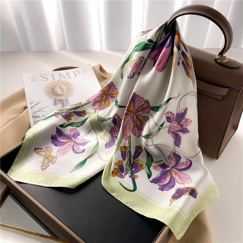 Fashion Hair Scarf for Women Decor Headband Ribbon Satin Silk Square Scarves Lady Wrist Wrap Shawls Design Bandana Foulard FJ703-4