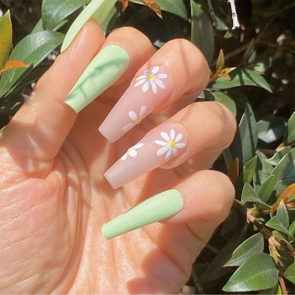 Pink False Nails With Small Flower Design Detachable Long Coffin French Ballerina Fake Nails Full Cover Nail Tips Press On Nails 7
