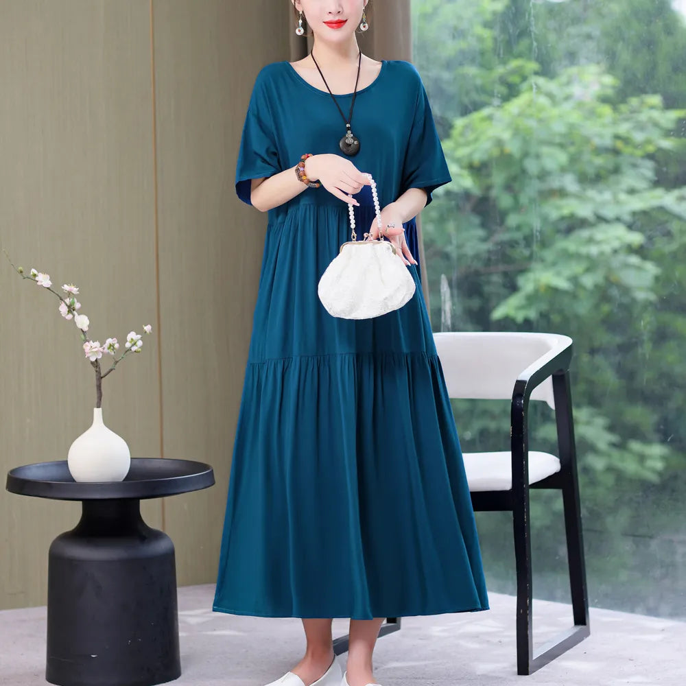 New Fashion Causal Summer Dresses For Women Loose Solid Long O-neck Dress Vintage Short Sleeve Womens Clothing