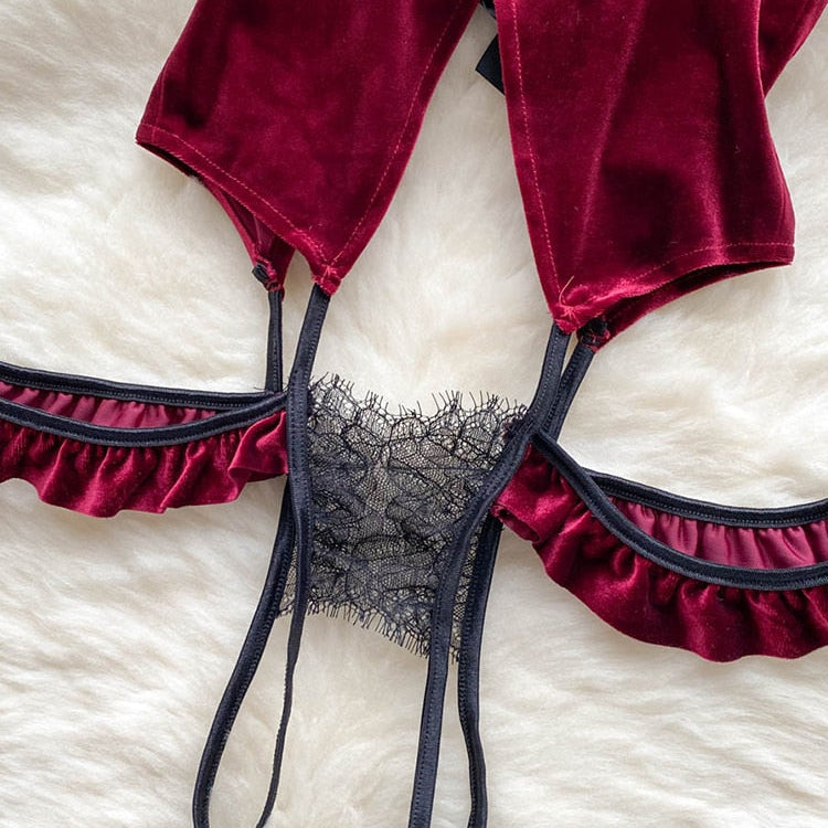 Women Cheongsam Velour Bodysuit Retro Backless Hollow Combination Catsuits Fashion One Piece Sexy Erotic Halter Rompers