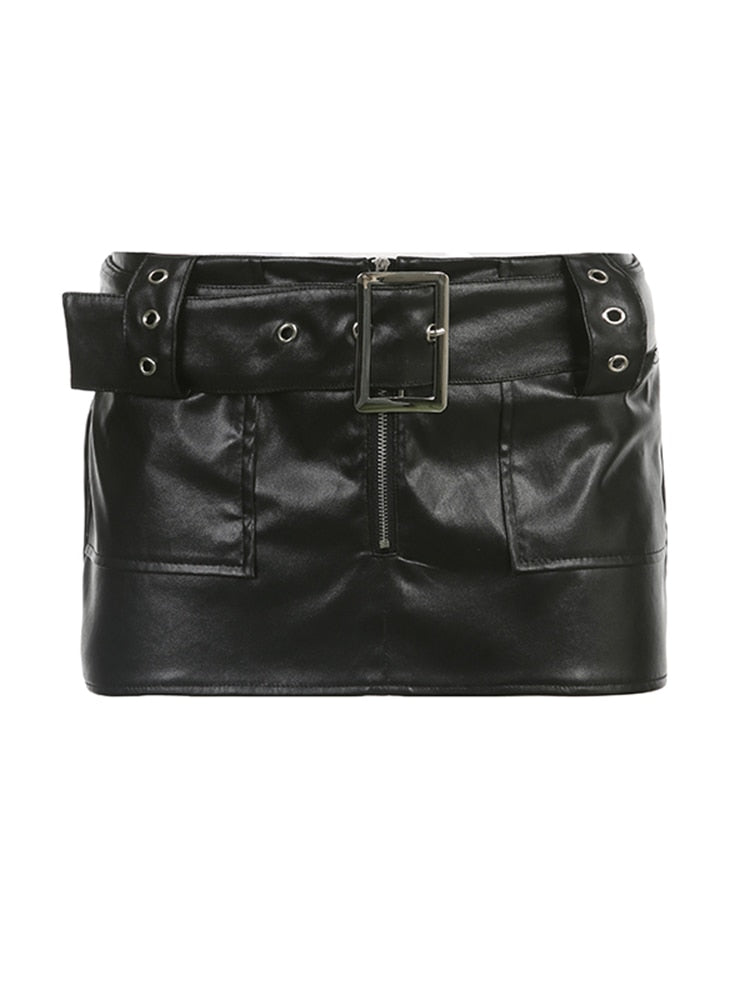 Sexy Slim Pu Leather Skirt Below The Navel With Sashes Cool Retro Zipper Mini Skirts Women Summer Streetwear Ladies