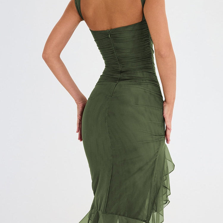 Elegant Ruffle Ruched Midi Dress For Women Robe Summer New Backless Sleeveless Irregular Club Party Sexy Dress Vestido