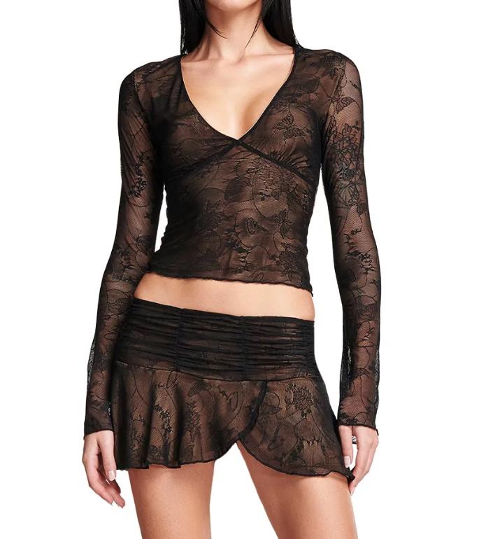 Y2K 2 Piece Mini Skirt Sets Sexy Mesh Sheer Lace Ruffle Outfits V Neck Beach Suits 2023 Summer Night Clubwear