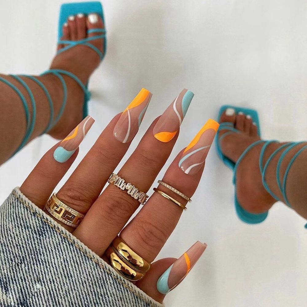 French Ballet False Nails With Gold Foil Glitter Designs Wearable Long Coffin Ballerina Press On Fake Nails Full Cover Nail Tips