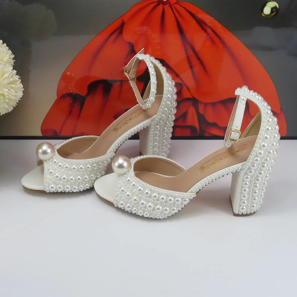 White Female Sandals Bridal shoes bag set woman Fashion Thin Heel Big Pearl Girls fashion Sandals party Shoes 8cm open shoe Only