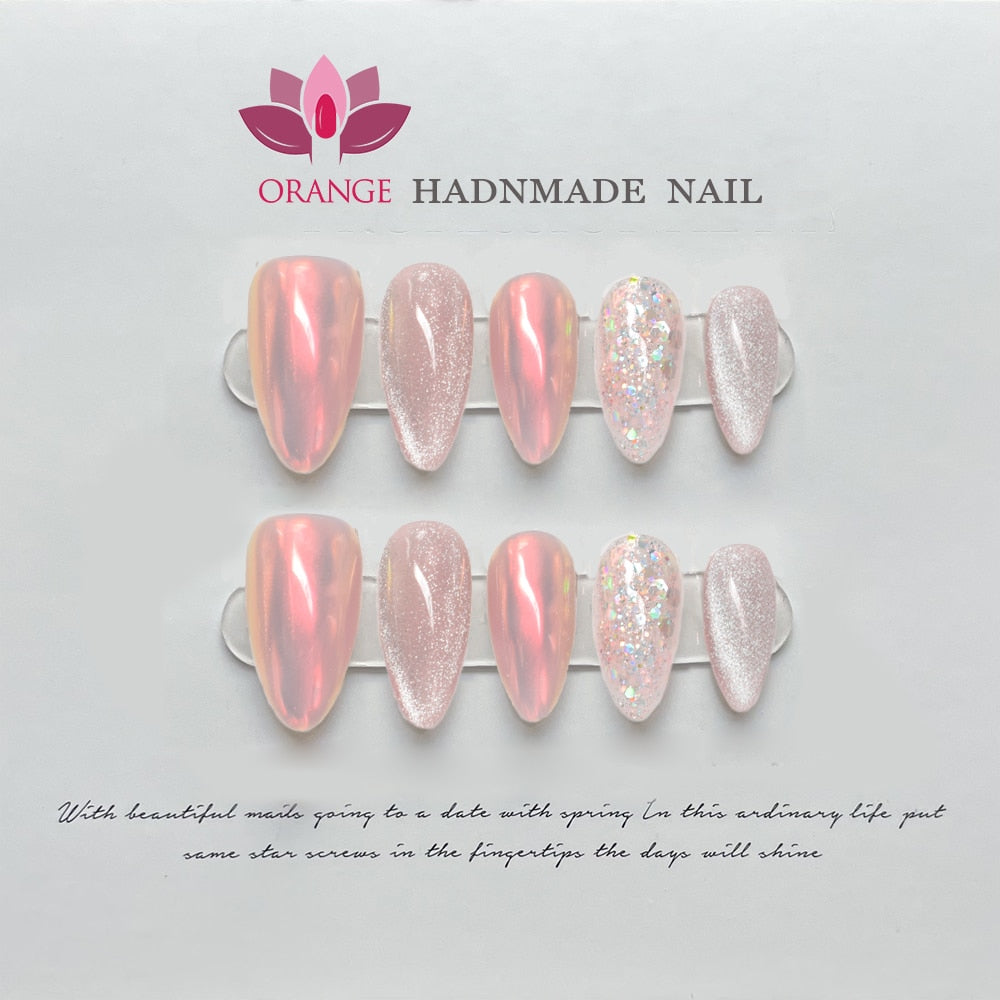Handmade Oval Press On Nails With Design Reusable Glitter Fake Nails Full Cover Artificial Manicuree Wearable Orange Nail Store Spain