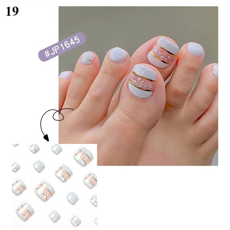 False Toenail 24Pcs/Box Toe Nail 3D Glitter Decor Press On Fake Nails With Glue Detachable Square Short Full Cover DIY Nail Tips