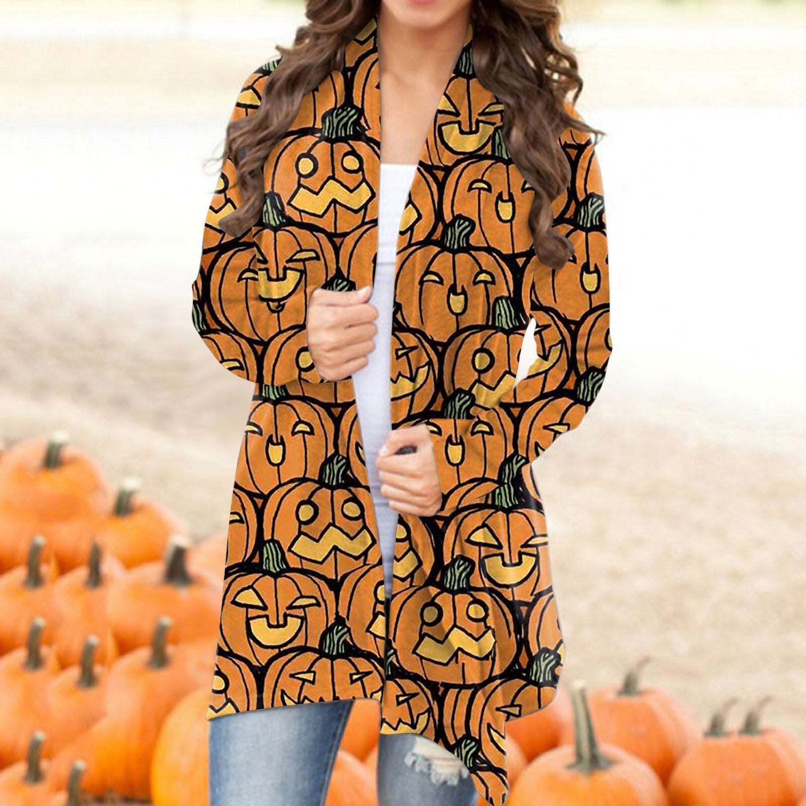 Autumn Winter Cardigan Women Halloween Skull Print Casual Open Stitch Lady Elegant Sweater Coat Casual Blouse Clothes Streetwear Orange