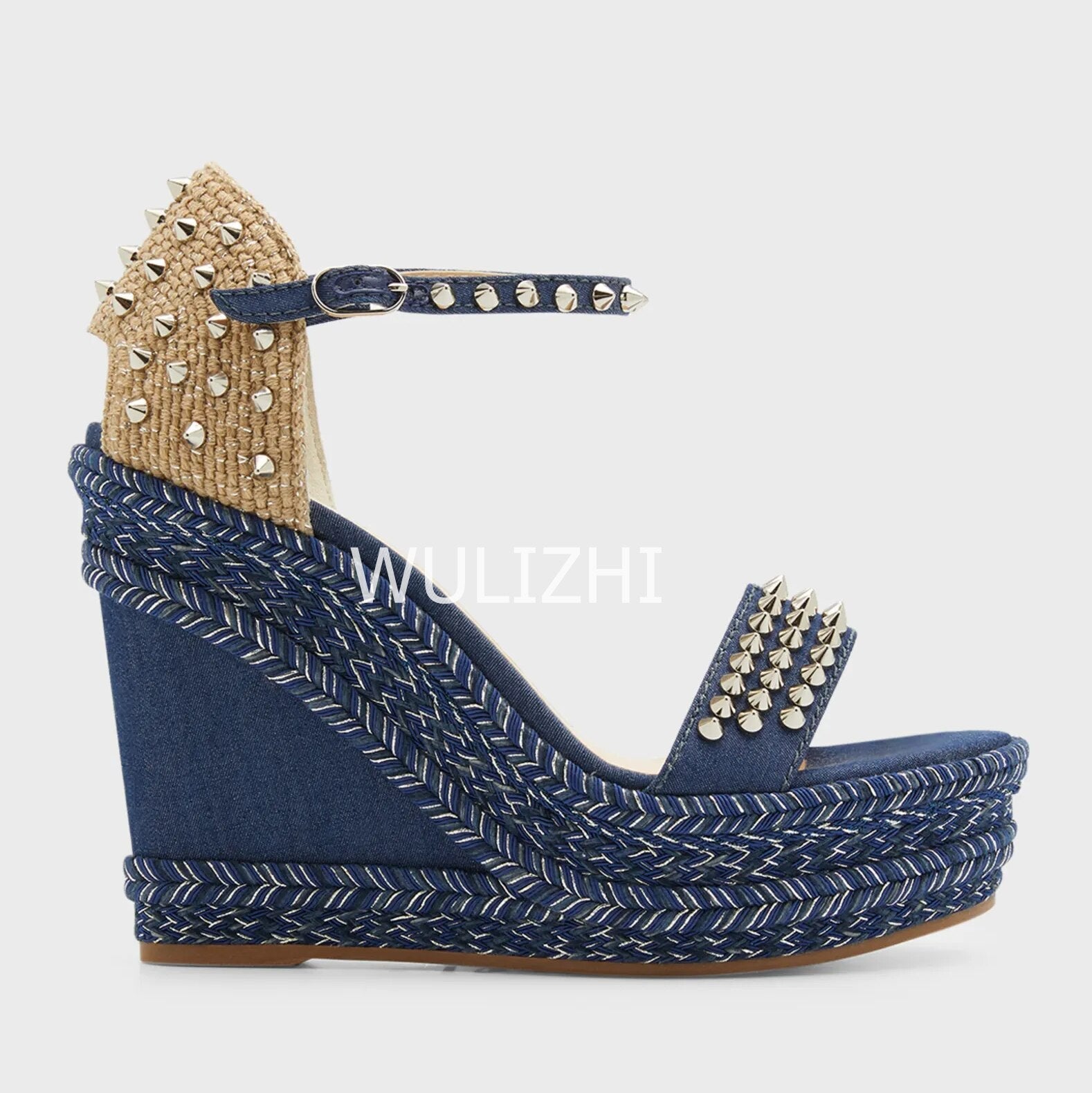 Women's Dark Black Blue Denim High Wedge Espadarille Metal Stud Heel Sandals Low Platform Mixed Colors Patchwork Appliques Shoes 7.5cm