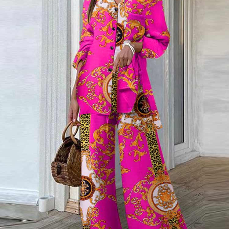 Fashion Women Leopard Print Pant Sets Casual Loose Tops and Pant Outfits Autumn Wide Leg Pant Leisure Two Piece Sets (Printed 2)Rose